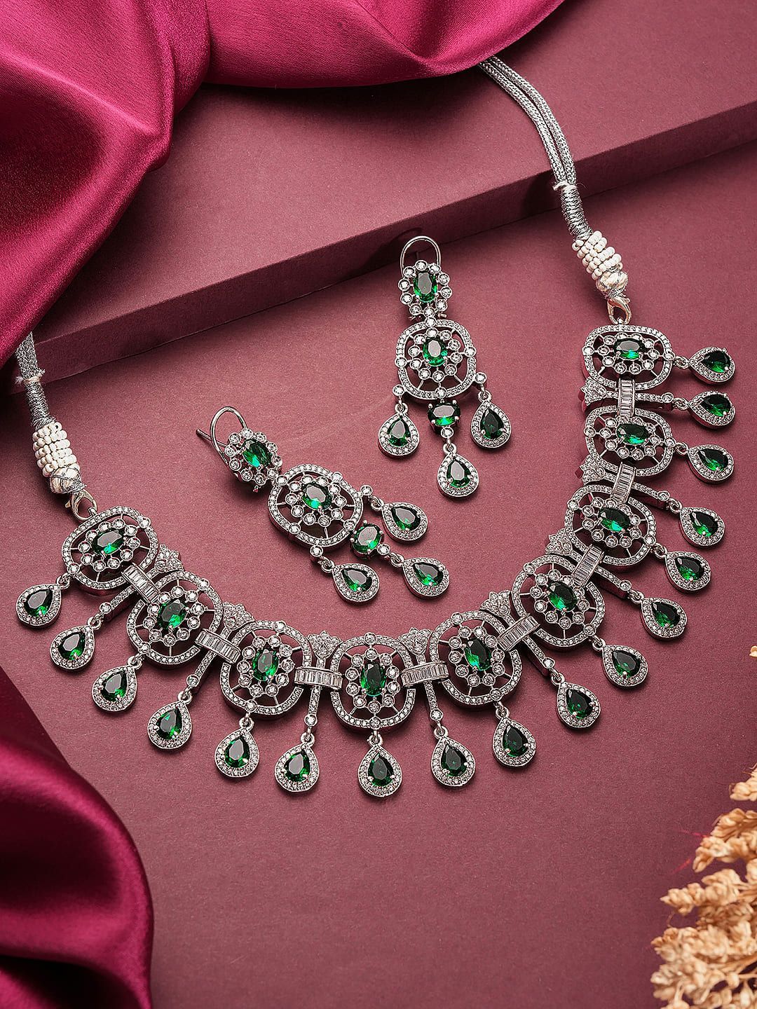 Silver  Plated Emerald Green  AD Studded Luxe Choker Jewellery Set