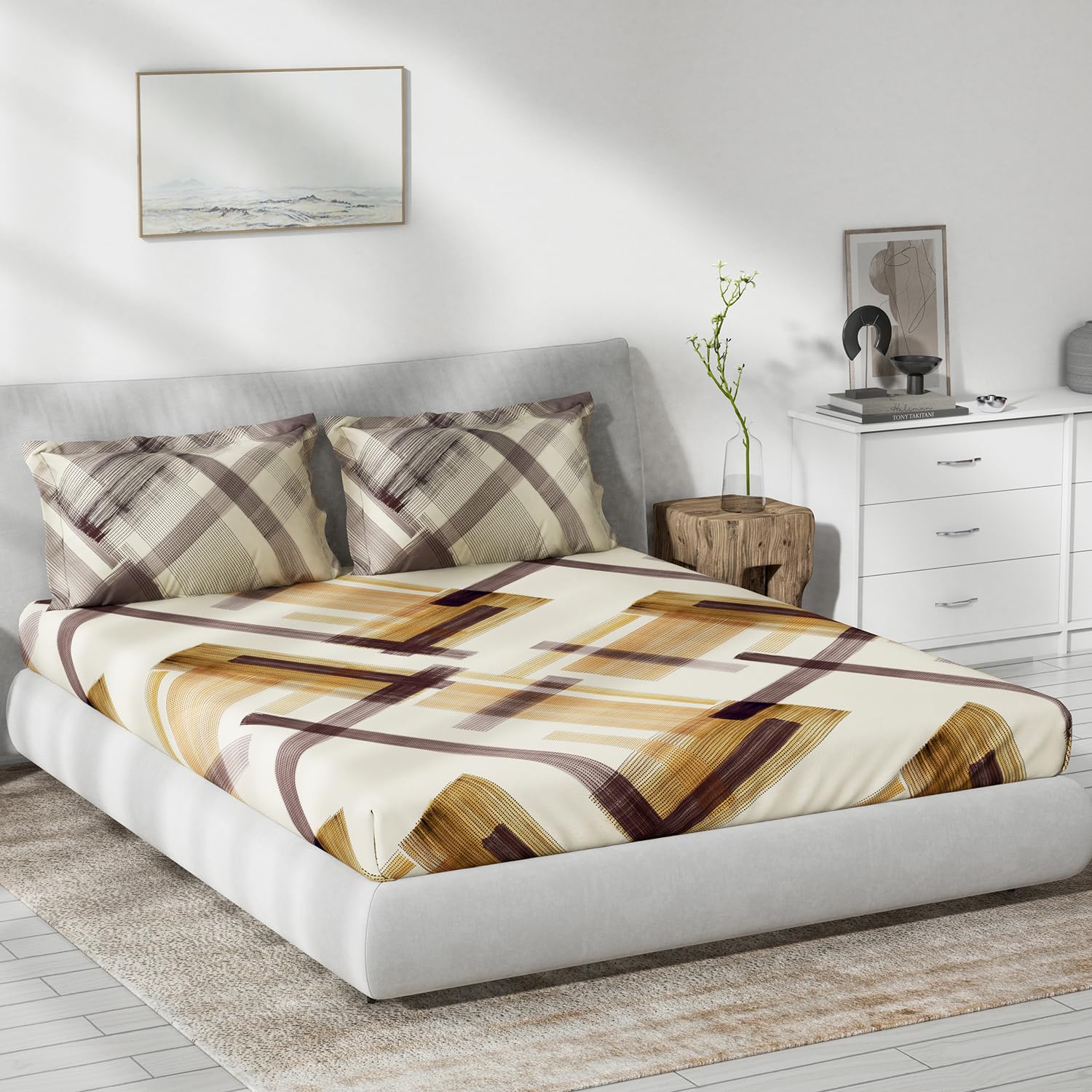 DDECOR - Prime Collection 100% Cotton Abstract Pattern 136TC King Bedsheet |229 CM X 274 CM| Brown