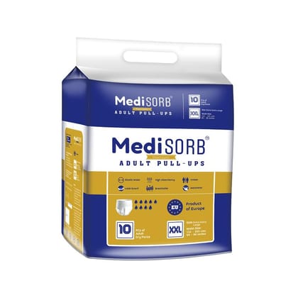 MediSORB Adult Diaper Pants | Double XL (2XL) |Waist 152-205 cm (60-80 inches) |High Absorbency -15 Hrs |Rash-Free |Leakproof |Breathable |Odourless |Elastic Waist |Men & Women | 10 Units, Pack of 1