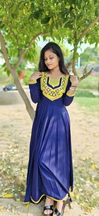 Royal Blue & Mustard Print Cold-Shoulder Anarkali Kurti – Size S Royal Blue & Mustard Print Cold-Shoulder Anarkali Kurti – Size S