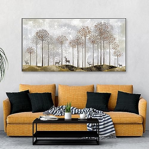Modern Canvas Wall Art with Golden Tree and Deer Floating Frame Canvas Wall Painting for Home and Office Décor (48