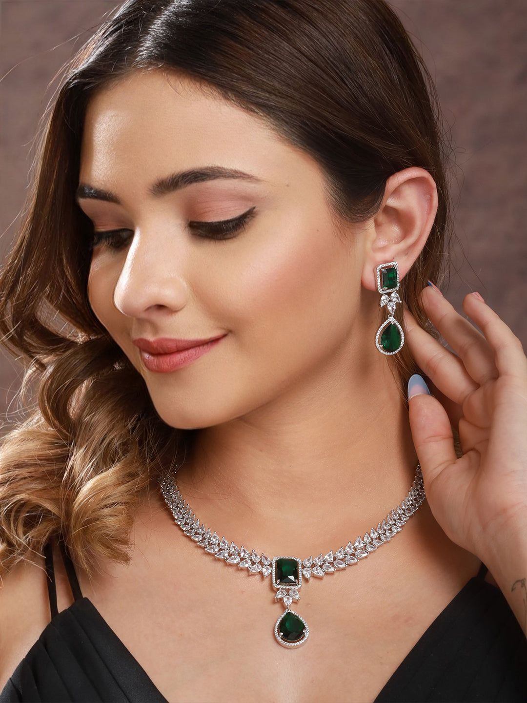 Silver Plated Green Zircon Minimal Necklace Jewellery Set