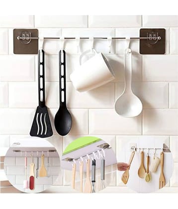 Mr Bhoot Self Adhesive Kitchen Hanger Hook Rail With 6 Hook, Multipurpose Strong Sticky 10 Kg Capicity Wall Mounted Self Adhesive Kitchen Towel Hanger Hook,Steel Road And ABS Plastic 6 White Hooks