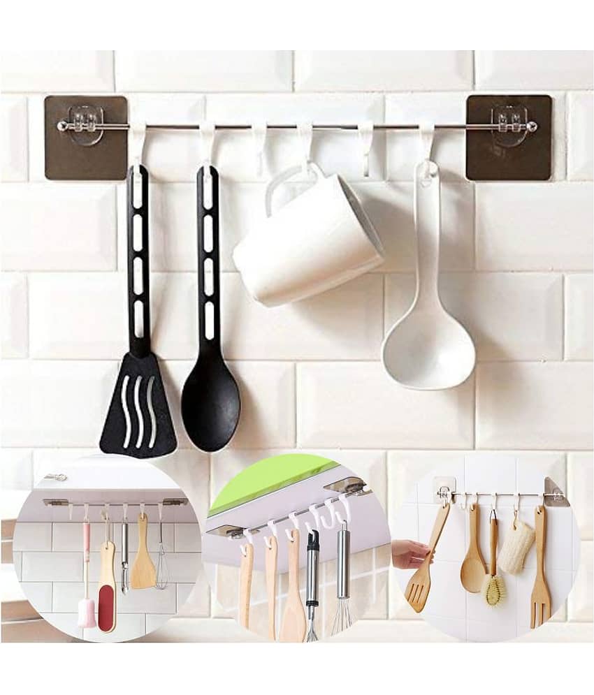 Mr Bhoot Self Adhesive Kitchen Hanger Hook Rail With 6 Hook, Multipurpose Strong Sticky 10 Kg Capicity Wall Mounted Self Adhesive Kitchen Towel Hanger Hook,Steel Road And ABS Plastic 6 White Hooks