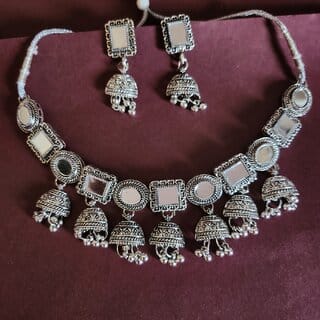 Oxidized German Silver Mirror  Necklace with Jumki for Women and Girls