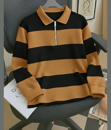AUSK Men Cotton Blend Regular Fit Striped Polo T Shirt ( Beige )