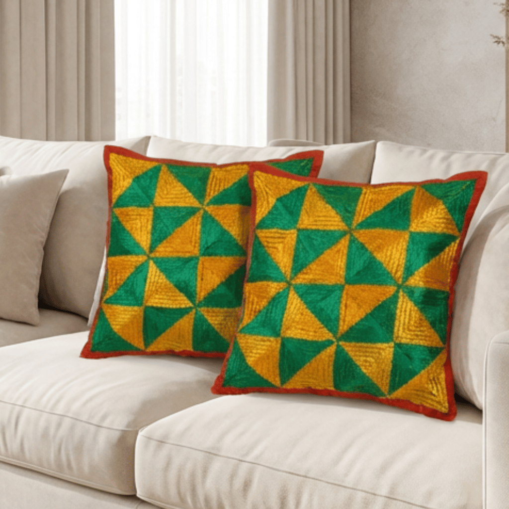 Hand-Embroidered Multicoloured Geometric Pattern Cushion Covers | Set of 2