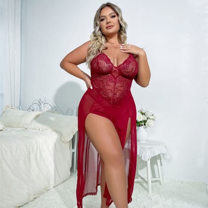 LOVEBIRD Baby Doll Chemise Red Floral Lace Sheer Maxi DN807