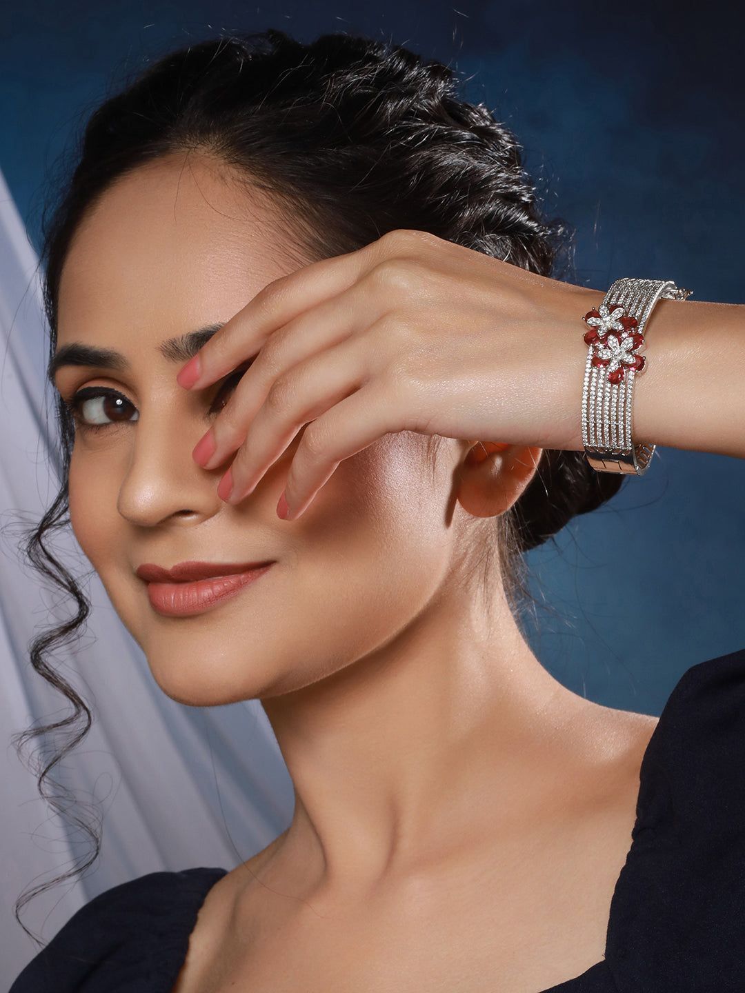 Silver Plated Ruby Red Floral Statement Designer Brooch Kada Bangle Bracelet