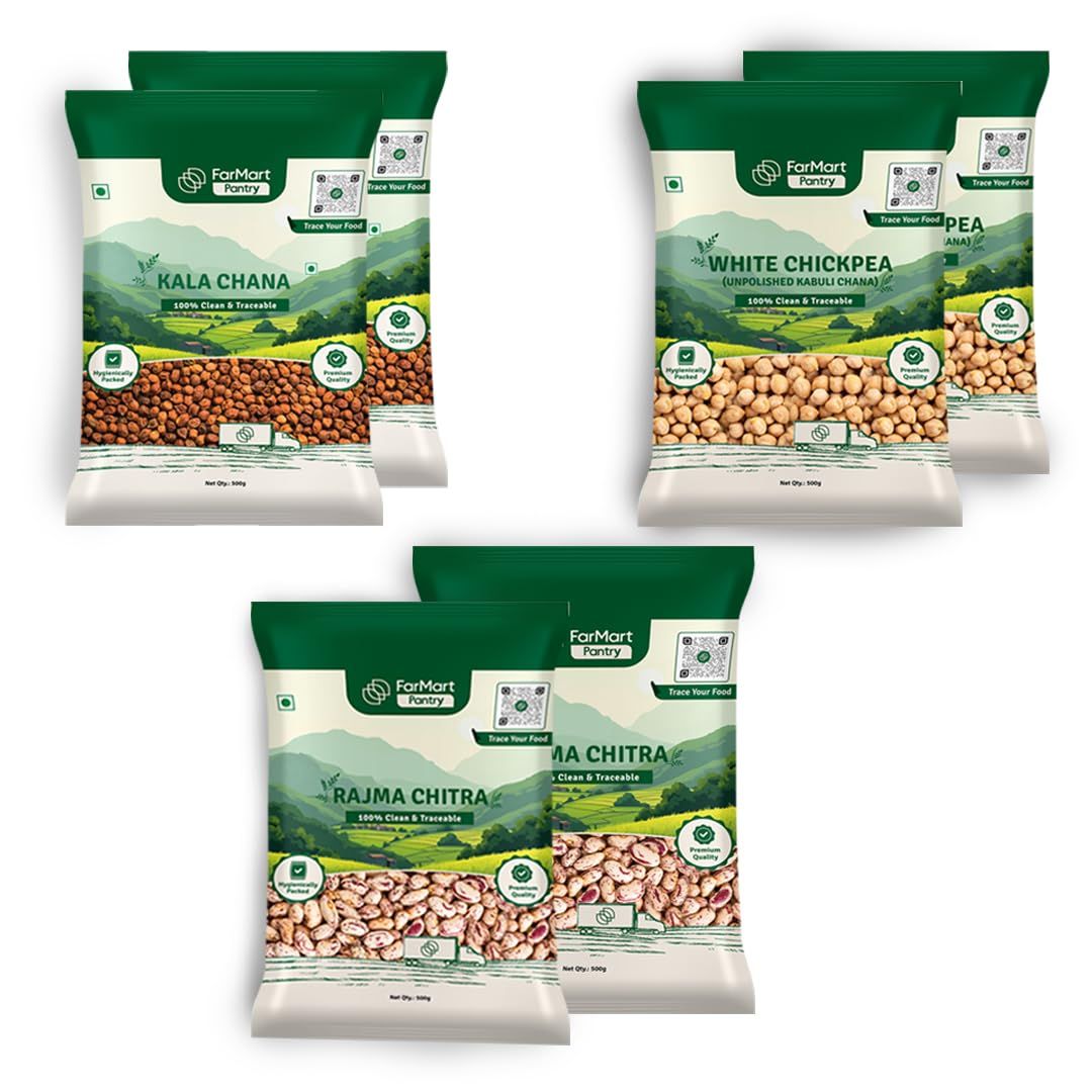 FarMart Pantry SuperPulse Protein Power Pack: White Chickpeas, Kala Chana & Rajma Chitra Combo | Pack of 2 Each (500 Gm X 6 Packs) | Ideal for Protein-Rich, Healthy Meals