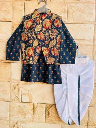 Kabir Kids Fashion Navy Blue Printed Kurta Jacket Set with White Dhoti (Boys Ethnic Wear)