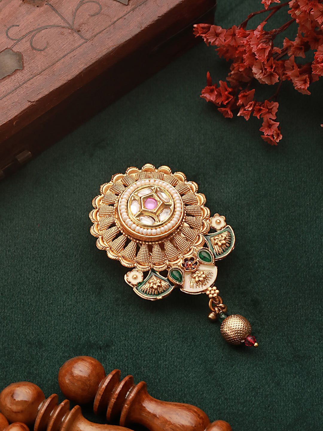 Gold Plated Kundan & Pearl Beaded Floral Broach Saree Pin