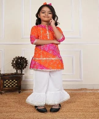 100% Cotton Printed Ethenic  kurti with Lace detailing at Placket &Sleeve/Bottom Opening with 100% Cotton Sharara