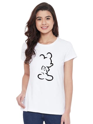 Women's Cotton Blend Mickey Mouse Line Art Printed T-Shirt L (White)