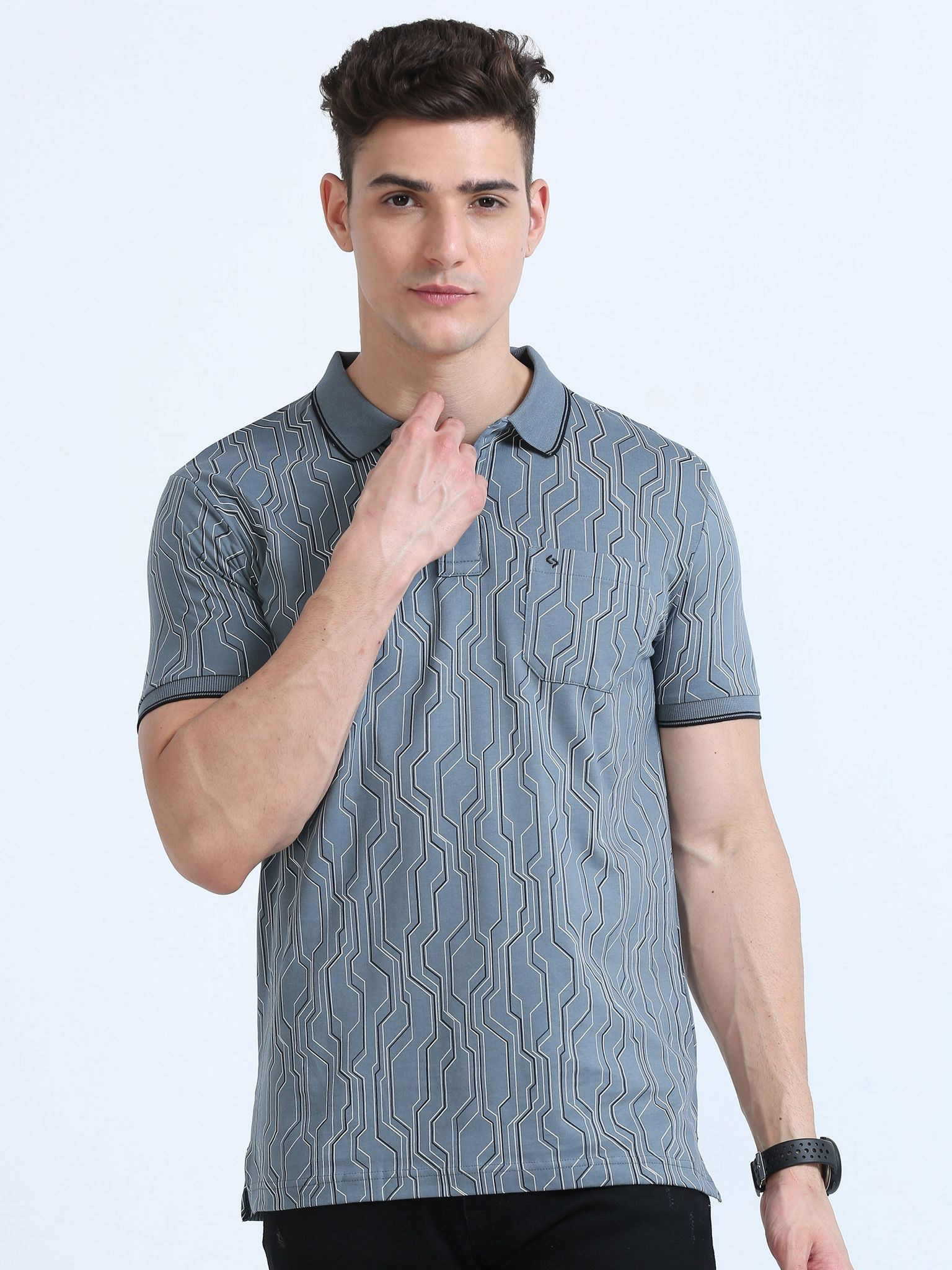 Classic Polo Men's Polo Neck Cotton Blue Slim Fit Printed T-Shirt | BELLO-235 B SF P