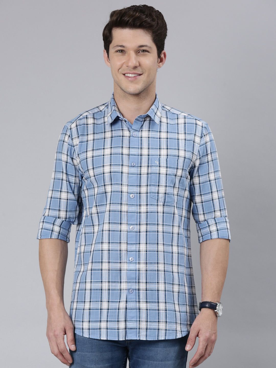 Classic Polo Men's Full Sleeve Lt.Blue/White Polo Neck 100% Cotton Slim Fit Shirt | SP2-CL-70 A-FS-CHK-SF
