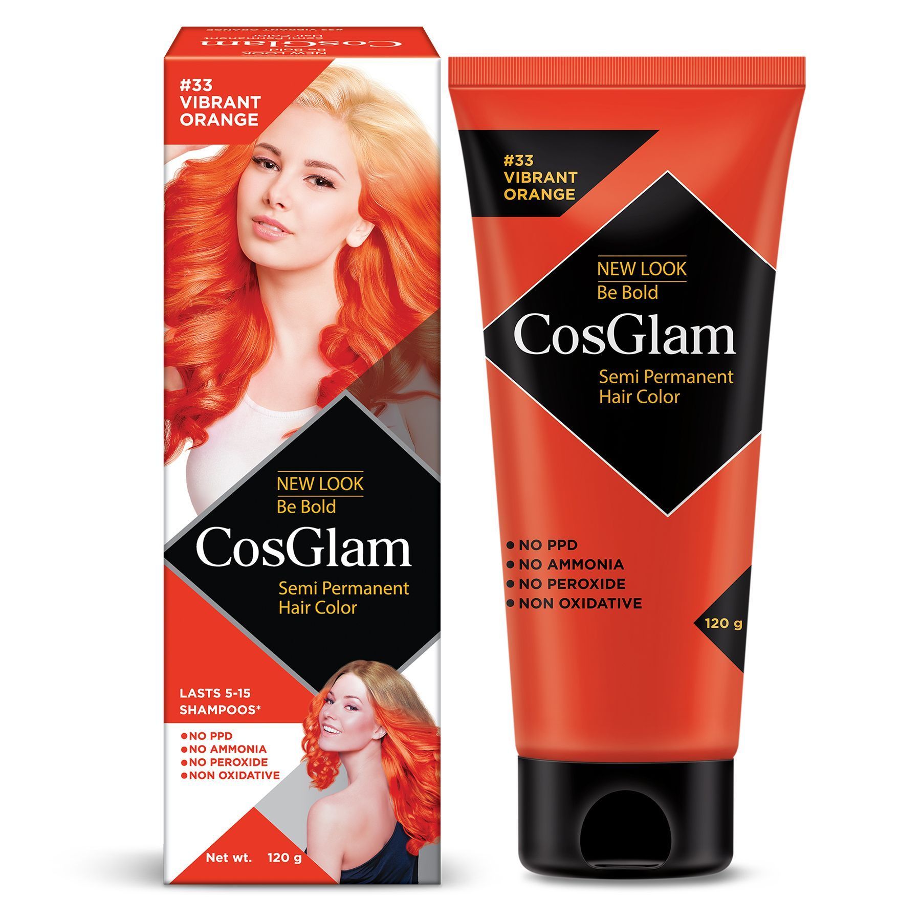 COSGLAM Semi Permanent Hair Color, No Peroxide, Non Oxidative, Ammonia Free Hair Colour 33 Vibrant Orange - 120gm