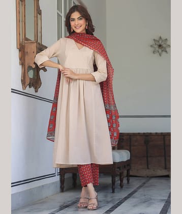 Janasya Women Cotton Solid A-line Kurti With Pants ( Beige )