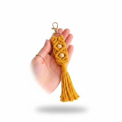 Handmade Macrame Tassel Keychain | Cotton Cord Boho Keychain with Wooden Beads | Decorative Bag Charm and PhoneAccessory | Yellow