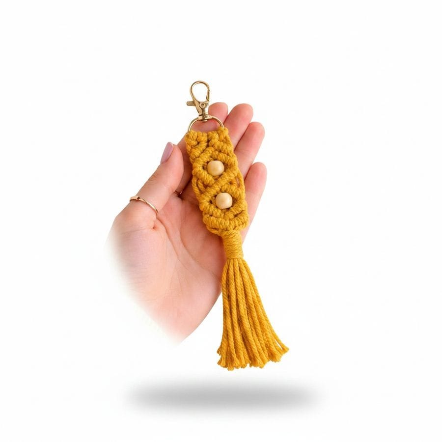 Handmade Macrame Tassel Keychain | Cotton Cord Boho Keychain with Wooden Beads | Decorative Bag Charm and PhoneAccessory | Yellow