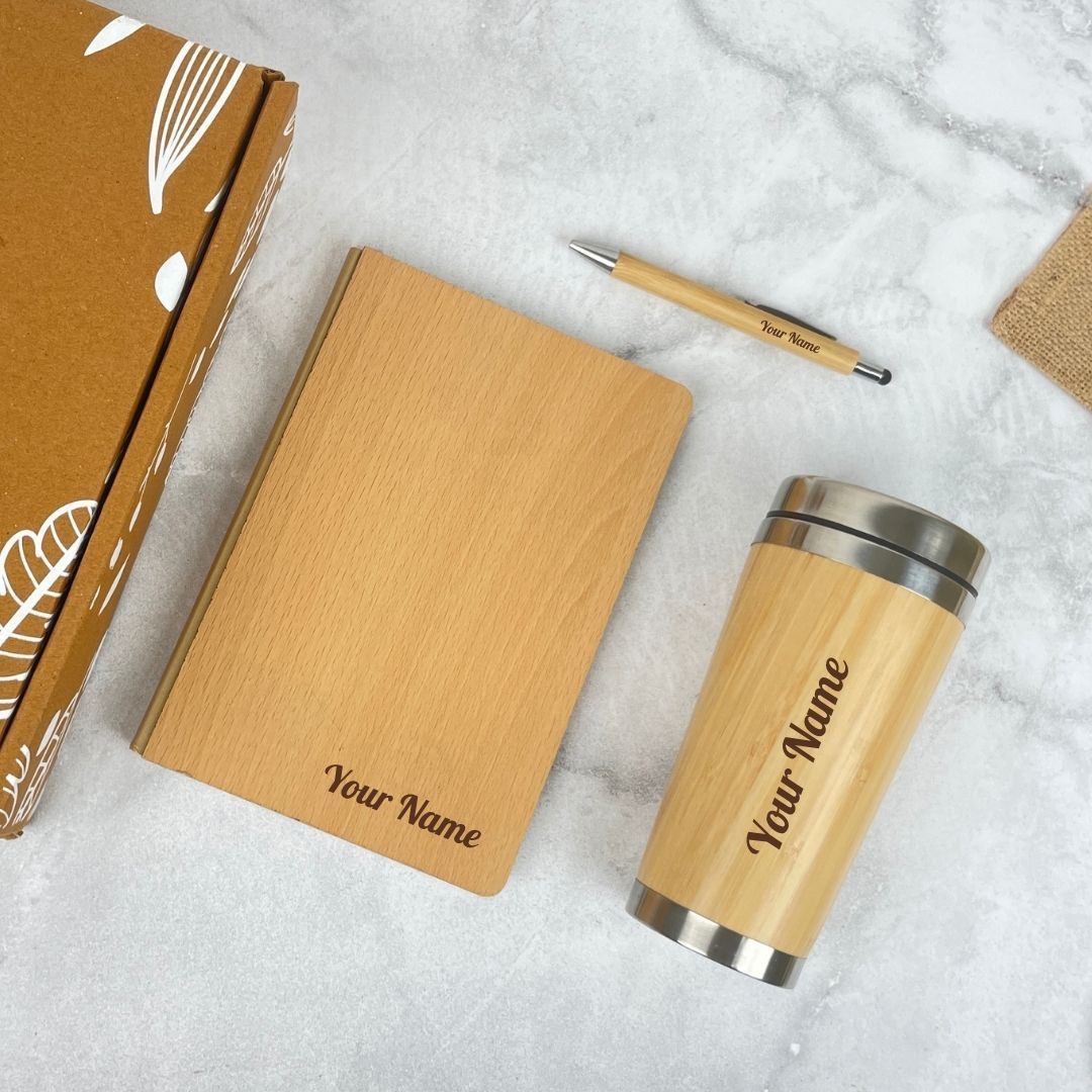 Personalized Bamboo Gift Set - Tumbler, Pen & Diary | Eco-Friendly