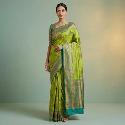 Green Banarasi Satin Paisley Print Saree For Women
