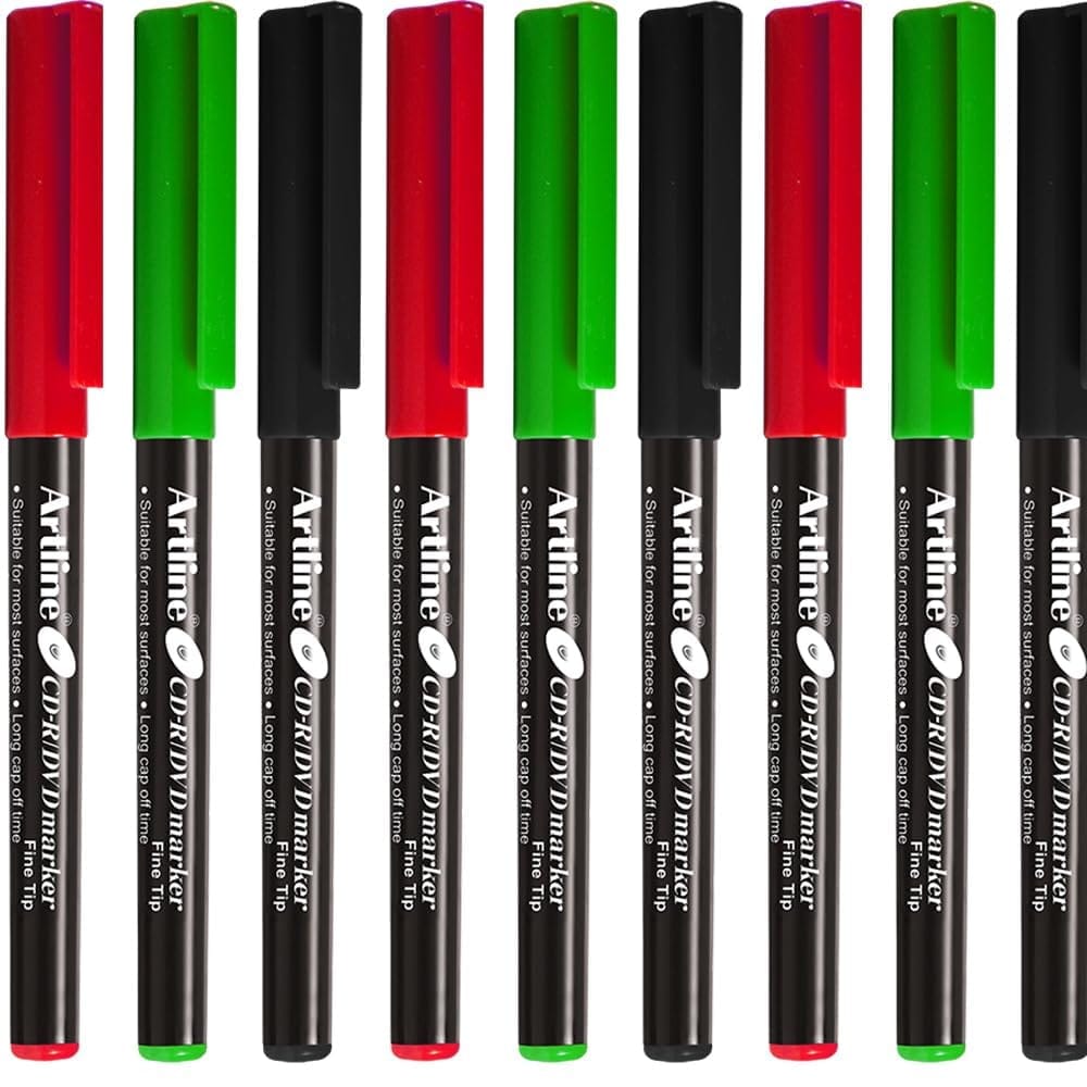 Artline CDR/DVD Marker Blue Pack of 10 X 2 Packs, Red Pack of 10 X 2 Packs, Green Pack of 10 X 1 Packs (50 DVD's Markers) | On Multiple Surface: Metal, Plastic/OHP, Glass/Porcelain & Carton