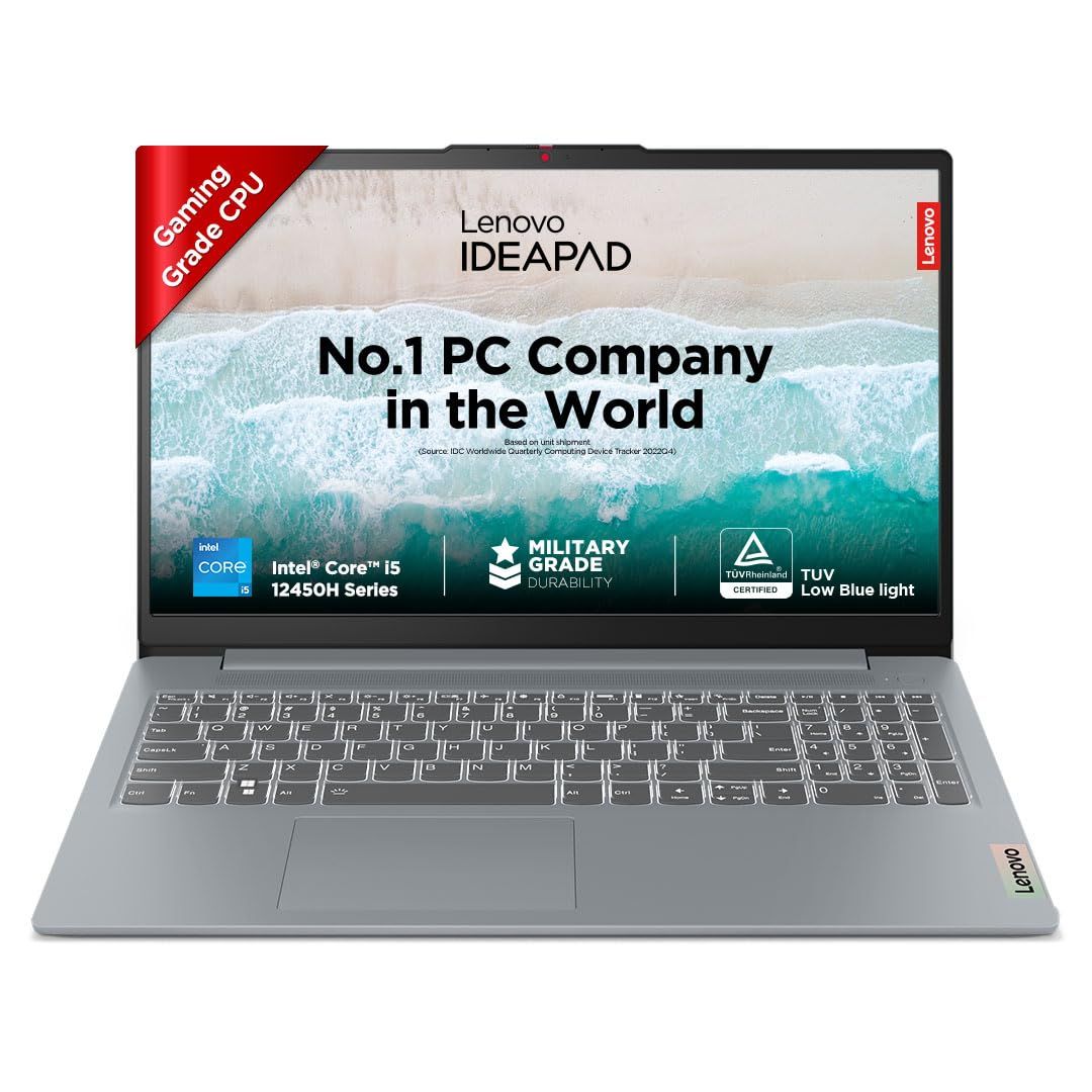 Lenovo IdeaPad Slim 3, Intel Core i5-12450H, 12th Gen, 16GB RAM, 512GB SSD, FHD IPS, 15.6"/39.6cm, Windows 11, MSOffice 21, Arctic Grey, 1.6Kg,83ER008GIN,Backlit KB,Alexa Built-in,1 Yr ADP Free Laptop Lenovo IdeaPad Slim 3, Intel Core i5-12450H, 12th Gen