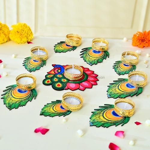 Decorative Peacock Tealight Candle Holder Stand Set of 9 - Mor Pankh Design Reusable Diya for Diwali Floor Rangoli