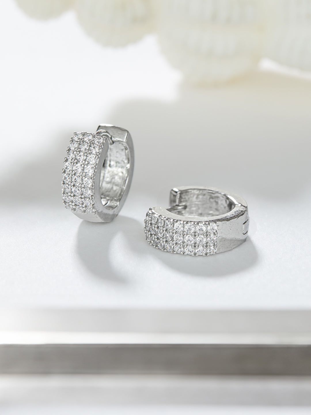 925 Sterling Silver Rhodium Plated  CZ Studded Small  Hoop Earrings