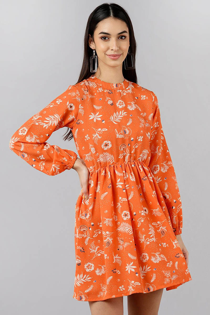 Orange Polyester Floral Printed Mini Dress VD1155