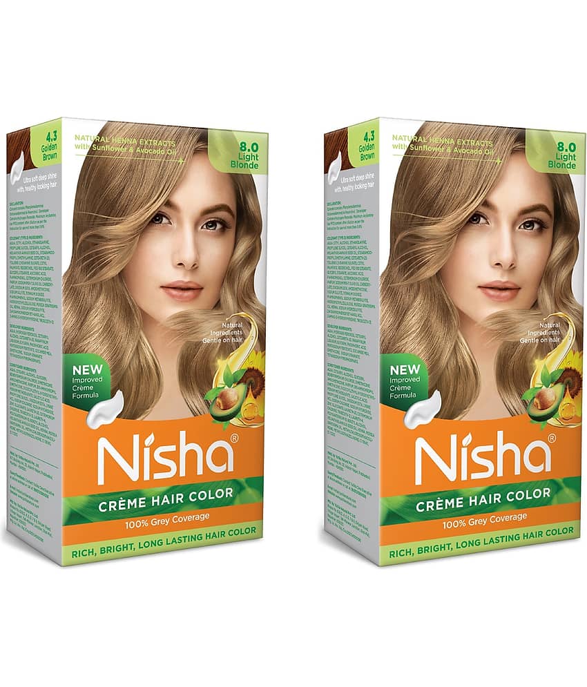 Nisha Creme Hair Color 8.0 Light Blonde 120g Pack of 2, Permanent Hair Colour for Long Lasting Hair, 100% Grey Coverage