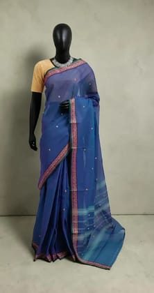 Handwoven Kanchipuram Cotton-Silk Saree in Deep Blue with Golden Border Handwoven Kanchipuram Cotton-Silk Saree in Deep Blue with Golden Border