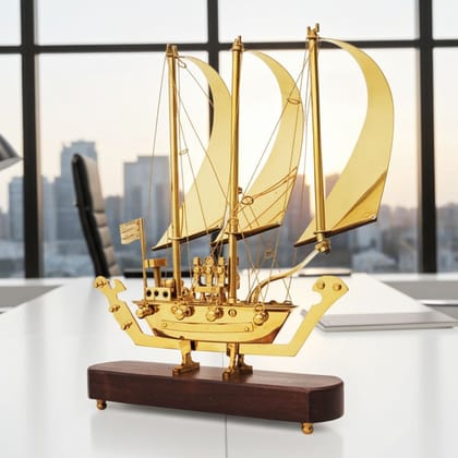 Brass Ship Model with Wooden Base – Handcrafted Home Decoration, Height : 11.8 Inch (MRMAS129 A)