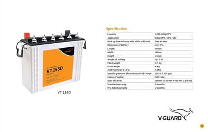V-Guard VT 155D Tall Tubular Inverter Battery (152Ah) | Reliable Power Backup | Home & Office Use