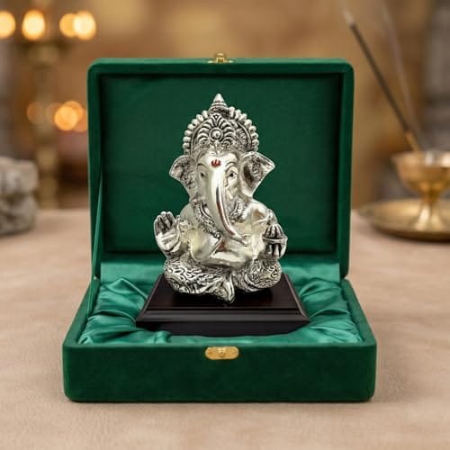 Dev Aastha 999 Silver Plated Lord Ganesha Idol Sitting with Intricate Detailing - Vighnaharta Showpiece for