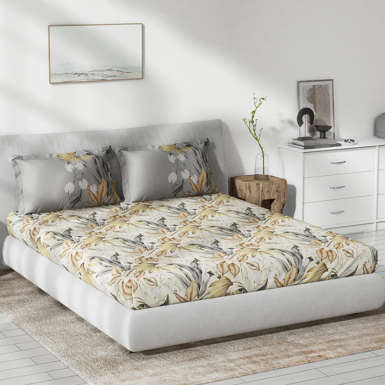 DDECOR - Primary Collection 100% Cotton Leaves Pattern 145TC King Bedsheet |229 CM X 274 CM| with 2 Pillow Covers - Yellow