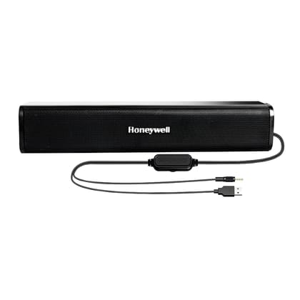 Honeywell Moxie V500 10W Portable USB Wired Soundbar, Speaker for PC,Desktop and Laptop with Volume Control and 3.5 mm AUX,2.0 Channel,52mmX2 Drivers,Plug &Play,2 Yrs Maufacuturer Warranty Black / 31 x 6.1 x 6.1 cm