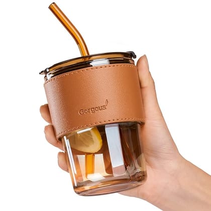 Glass Sipper Tumbler with straw, glass tumbler with leather case, iced coffee tumbler, personalized water bottle, gift for men and women(multicolor)