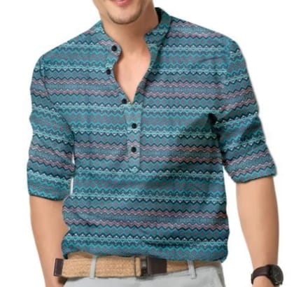 Men's Printed Spread Collar Casual Shirt Blue