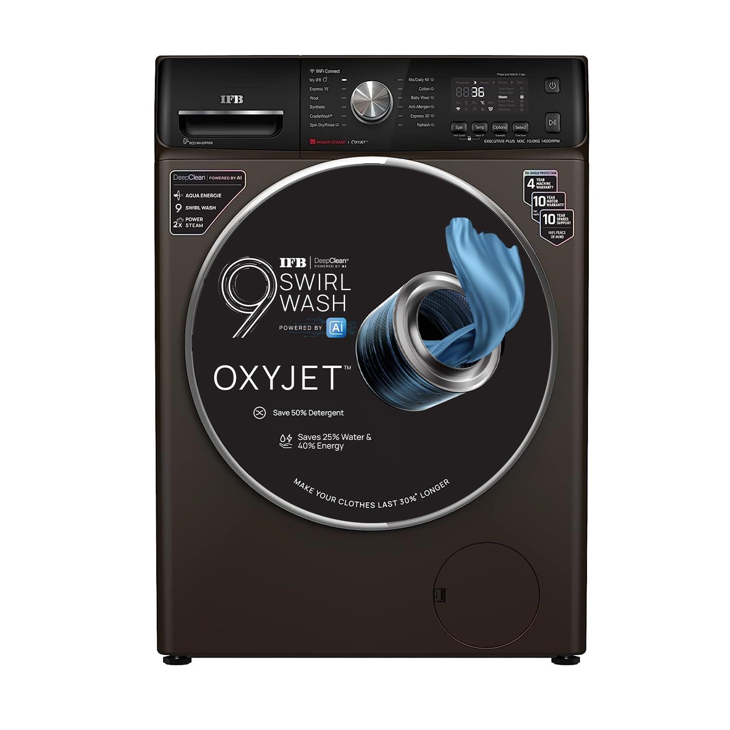 IFB 10 Kg 5 Star AI Eco Inverter Fully Automatic Front Load Washing Machines with Wifi (Executive Plus MXC 1014, Mocha, Oxyjet 9 Swirl Wash, 4 Years Comprehensive Warranty) IFB 10 Kg 5 Star AI Eco Inverter Fully Automatic Front Load Washing Machines with