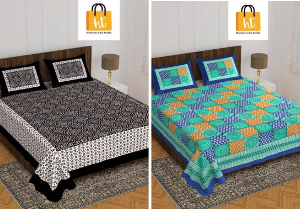 2201-Hometrade India- Standard Double Size (90*100 in )-Combo Jaipuri Double bedsheet With Matching Pillow Cover