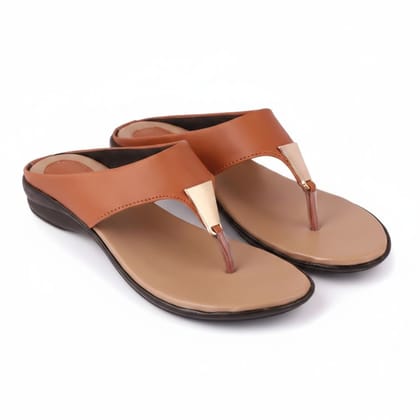 Women's Tan Brown T-Strap Flat Sandals with Metallic Accent