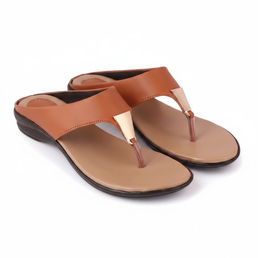Women's Tan Brown T-Strap Flat Sandals with Metallic Accent