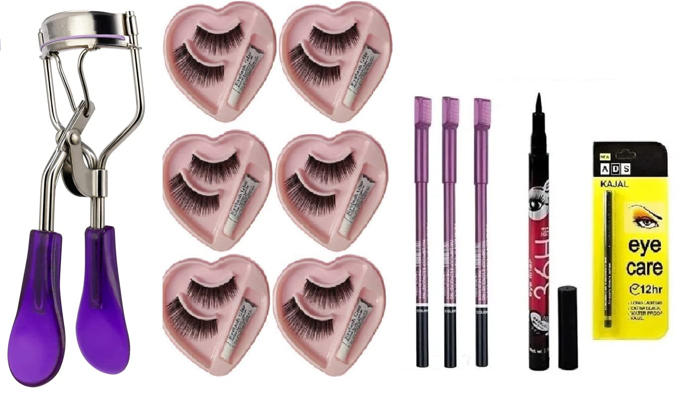 Elecsera Eyelash Curler & Beauty Kajal & 36H Deep Black Liquid Eyeliner False Eyelashes Professional Set of 12 Makeup (12 Items in the set)