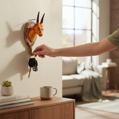 Wooden Majestic Multicolour Animal Head Key Holder Wall Hook-Bathroom Key Hook- Bedroom Key Holder-Wall Mounted with a Sturdy Hook-Rustic Equine Design Key Hook