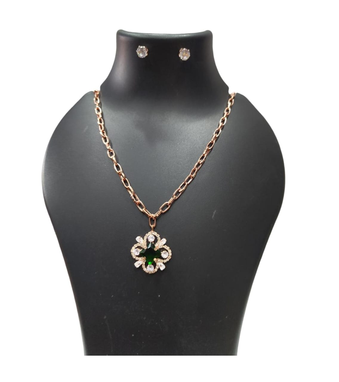 "Stunning Gold-Plated Flower Pendant Set with Green and White Stones"