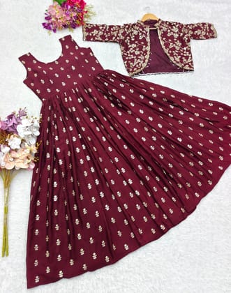 Designer Party Wear Gown-Jacket Set With Embroidery Work