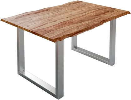 Sahajhast Solid Sheesham Wood Dining Table with Real Wane Edge and Silver U-Frame Base  Natural Finish ( Size - 120 x 80 cm )