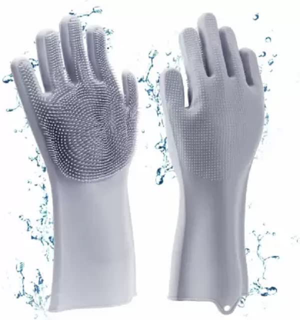 Elecsera Reusable Heat Resistance Water Proof Washing Silicon Hand Gloves with Scrubber for Kitchen Cleaning, Utensils, Bath and Pet Hair Care -1 Pair